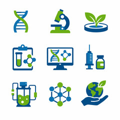 Biotechnology elements: dna, microscope, plant growth, chemical reactions, medicine