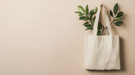Reusable canvas tote bag with green leaves symbolizing eco lifestyle, sustainability, zero waste shopping, and conscious consumption.