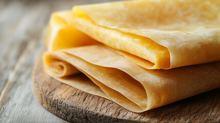 Close-up of sliced cheese stacked on wooden board. Food background, dairy product, fresh ingredients, cooking and nutrition concept.