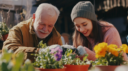 Elderly man and young woman planting flowers together outdoors. Family bonding, gardening, intergenerational connection, and joyful lifestyle.