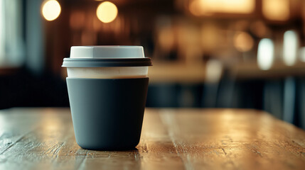 Reusable coffee cup on wooden table in cozy cafe. Sustainable lifestyle, takeaway coffee, eco-friendly habits, and minimal design concept.