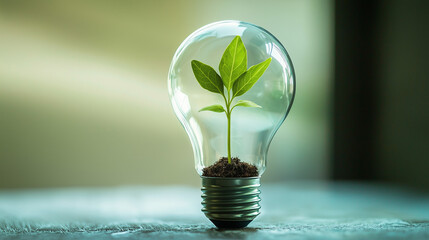 Green plant growing inside a transparent light bulb. Symbol of eco innovation, green energy, sustainable ideas, and environmental creativity.