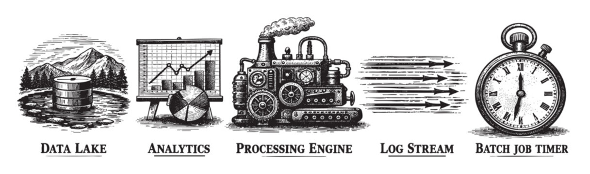 A vintage illustration depicts five elements representing data processing: a data lake, analytics chart, steam engine, log stream arrows, and a pocket watch timer.