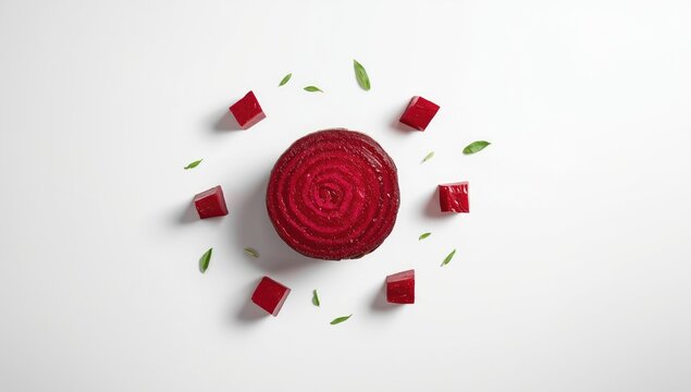 Red beetroot slices and chunks on a white background, emphasizing fresh produce for culinary use