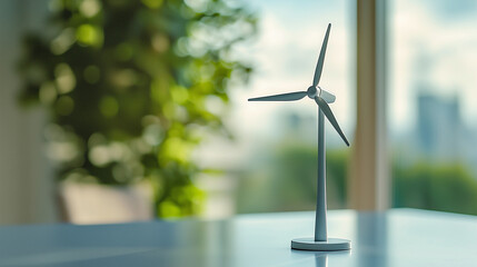 Small wind turbine model on table in modern interior. Renewable energy concept, sustainable living, clean power and eco-friendly technology.