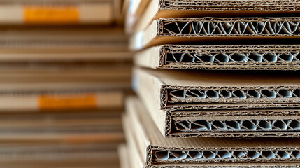 Close-up of stacked corrugated cardboard sheets. Packaging material, recycling industry, sustainable production and eco-friendly logistics concept.