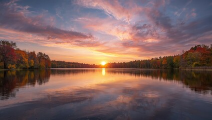 Colorful autumn lake scene with trees in warm hues mirrored in still water, ideal for editorial header backgrounds, seasonal change