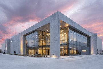 Obraz premium Modern commercial building exterior with large glass windows and concrete structure at sunset, showcasing architectural design and urban environment with soft colorful sky