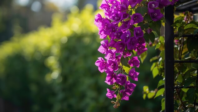Blooming purple bougainvillea in a yard serving as a colorful backdrop for editorial headers