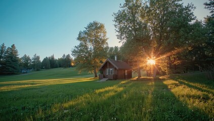 Obraz premium Rustic wooden cabin nestled amid vibrant greenery and towering trees with sunlight filtering through, seasonal change
