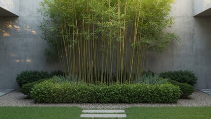 Flowerbed with bamboos in an outdoor atrium, urban greenery and seasonal growth