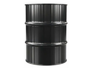 Single large black steel barrel against white background isolated on transparent background
