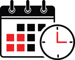 Calendar and clock icon illustration, schedule reminder concept, time management symbol, appointment planning graphic, deadline notification, flat vector design