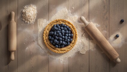 Blueberry tart dough arranged on a white kitchen table, home cooking scene, pastry preparation, food handling, no observance