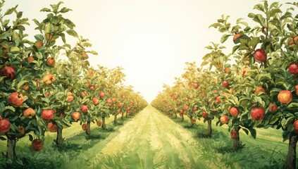 Apple orchard viewed from angle, highlighting fruit development and landscape features, World Fruit Day