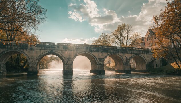 Ancient bridge in the French Pyrenees spanning a river, highlighting architectural heritage preservation