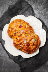 Bolo Rei or Kings Cake. Traditional portuguese Xmas cake with fruits.