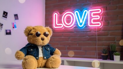 Adorable teddy bear wearing round sunglasses and a denim jacket sits coolly beneath a vibrant pink and blue neon love sign indoors.