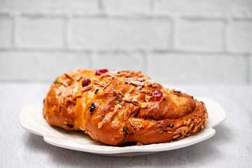 Bolo Rei or Kings Cake. Traditional portuguese Xmas cake with fruits.