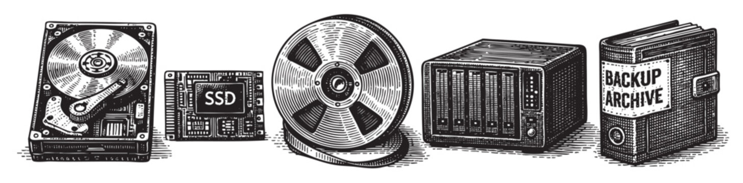 A black and white woodcut style illustration displays various forms of data storage, including a hard drive, SSD, reel-to-reel tape, server rack, and an archive binder.