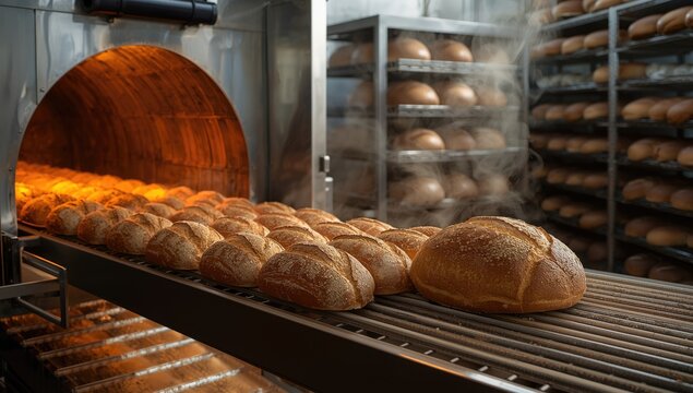Industrial bakery oven releases warm bread, highlighting manufacturing process control and sanitation