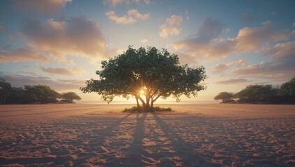Morning sunlight illuminating a coastal scene with trees, ideal for nature backgrounds
