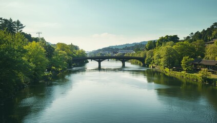 Obraz premium Hori river scene with flowing water and surrounding infrastructure, suitable for environmental or urban planning backgrounds