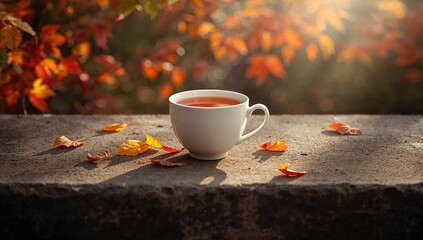 Concrete slab with a white tea cup and fallen autumn leaves, used as a UI backdrop or text overlay background