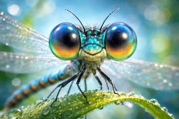 Fototapeta premium Delightful detailed view of a dragonfly with exaggerated eyes against a soft cool nature backdrop
