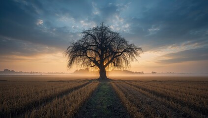 Big lone tree in a wintertime dry rice paddock with striking sky and fog, highlighting seasonal transition