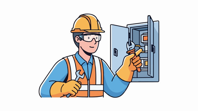Smiling technician in hard hat and safety gear working on an electrical panel with tools