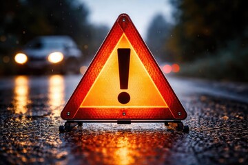 Macro image of a warning triangle with exclamation mark signaling road users to beware of possible threats