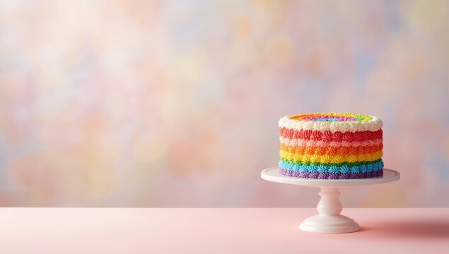 Vibrant layered cake displayed on a stand, ideal for party desserts