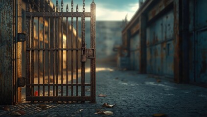 Weathered gate secured with chain and padlock, highlighting durability and safety measures