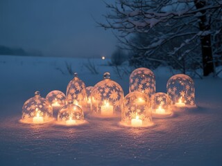 Snowy winter lanterns glowing path