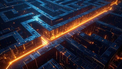 Obraz premium Abstract Digital Circuit Board with Glowing Orange Energy Flow.