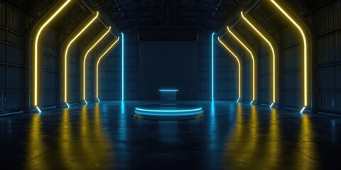 Futuristic alien spaceship interior with glowing yellow and blue neon curved lines, metallic surfaces and dark hangar setting, sci fi design