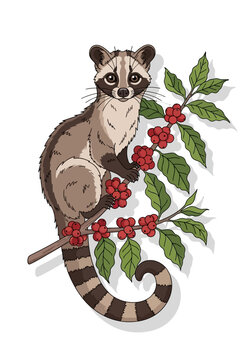 Civet Cat Sitting On Coffee Plant Branch With Red Berries.
