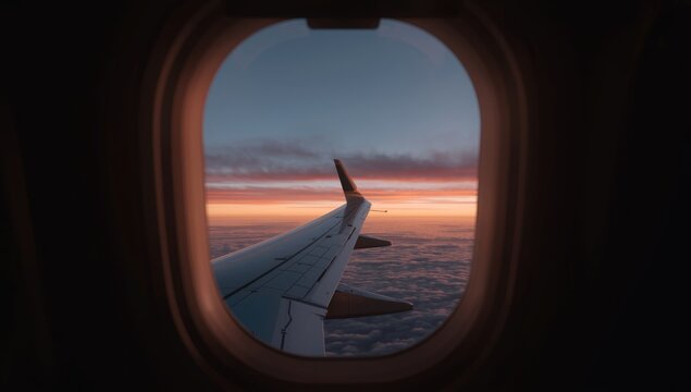 Airplane window view at sunset, suitable for travel or aviation layout designs