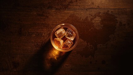 Overhead shot of whiskey on the rocks, suited for a menu background or cocktail layout