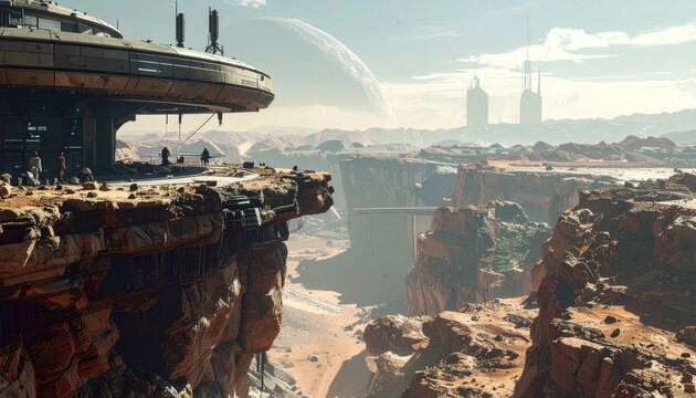 Futuristic Cityscape on a Rocky Alien Planet with a Large Moon.