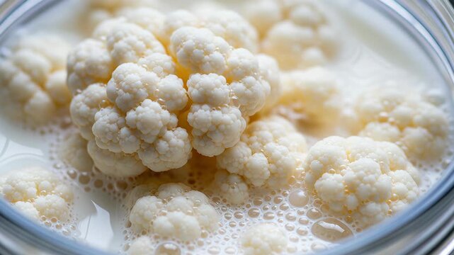 Active fermentation of kefir grains as gas bubbles form in thick milk