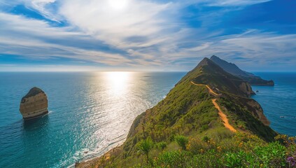 Seaside rocky shoreline with ocean bay and clear blue sky, ideal for nature-themed layouts