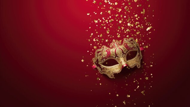 Venetian masquerade mask adorned with gold details against a rich red backdrop, designed for carnival or costume parties, Purim observance
