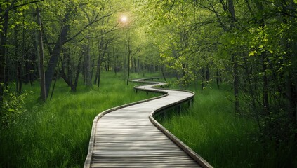 Obraz premium Wooden walkway amid lush forest during summer, highlighting nature accessibility