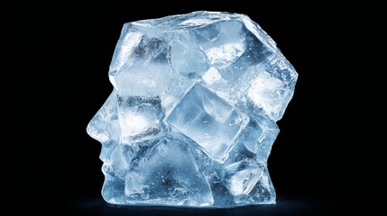 Obraz premium A transparent melting ice cube on a black background creates a cool reflection as the frozen solid transitions into fresh liquid water drops