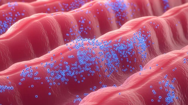 Biological colonization of Bifidobacterium on intestinal villi with rod shaped bacteria moving and anchoring