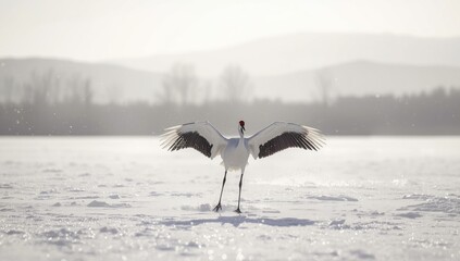 Fototapeta premium Crane descending onto snowy terrain, illustrating seasonal habitat adaptation for wildlife preservation