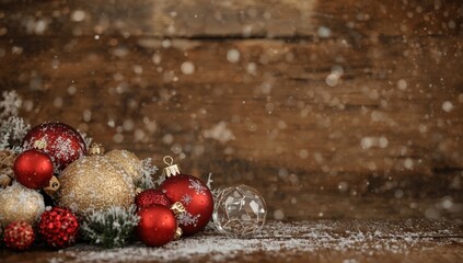 Festive holiday ornaments arranged on rustic wooden surface, seasonal decoration setup