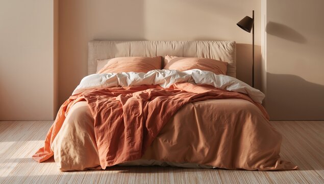 Pillows and mattresses illuminated with soft orange light in a bedroom setting, sleep hygiene promotion